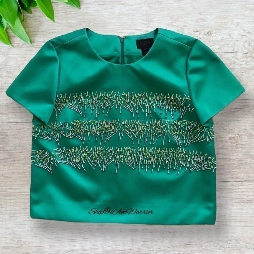 J.Crew Collection NWT Beaded Satin Top Teal Emerald Green Crystal Embellished
